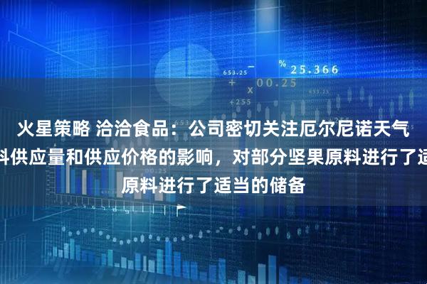 火星策略 洽洽食品：公司密切关注厄尔尼诺天气对坚果原料供应量和供应价格的影响，对部分坚果原料进行了适当的储备